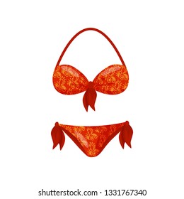 Sexy red bikini with floral pattern. Stylish women swimsuit. Trendy female clothing for swimming. Flat vector icon