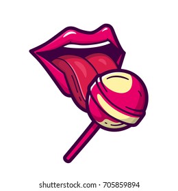 Sexy red female lips and tongue with shiny lollipop isolated on white background. Woman licking round sugar candy on stick. Vector illustration in cartoon comic style for t shirt design