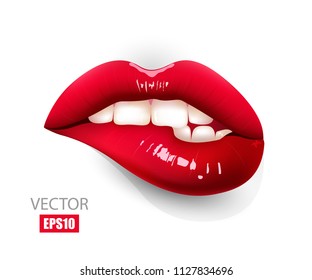 Sexy red lips, bite one's lip. Beautiful girl lips. Female lips with makeup. 3D. Vector illustration. EPS10
