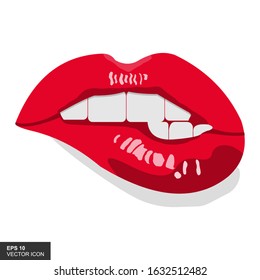 Sexy Red Lips, Bite Your Own Lips. Beautiful Girl's Lips. Women's Lips With Makeup. Vector Illustration