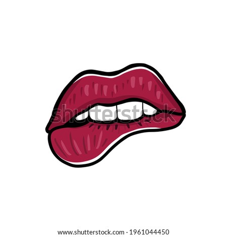 Sexy red lips biting. Vector illustration for printing, logo, beauty saloon, covers, packaging, greeting cards, posters, stickers, textile and seasonal design. Isolated on white background.