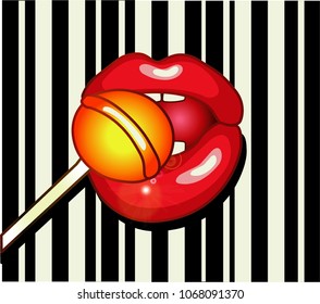 Sexy red lips with candy  in the style of comics. Vector illustration for print. Orange sweet lollipop in the mouth in pop-art style