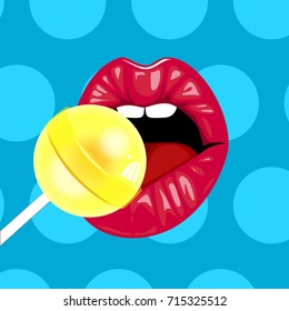 Sexy red lips with candy in the style of comics. Vector illustration for print. Sweet lollipop in the mouth in pop-art style. Vector illustration. 