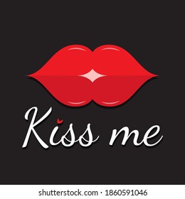 Sexy red lips in flat style on black background with kiss me words design for logo,business card,make-up and beauty studio,cosmetic.Vector illustration