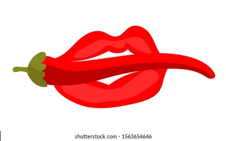 
Sexy red lips hold pepper in teeth. Colorful vector illustration with red chili peppers on a white background. 

