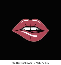 Sexy Red Lips Icon Vector, Glossy Lipstick Mouth Kiss Illustration on Black Background