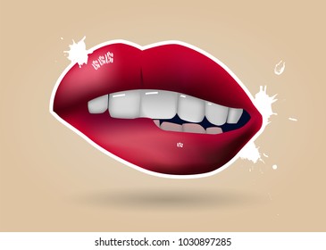 Sexy red lips isolated on a beige background.