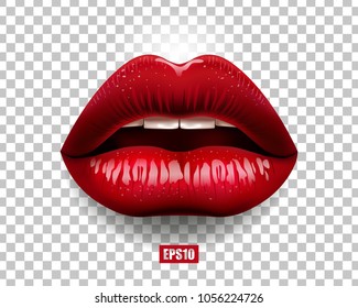 Sexy red lips isolated on transparent background. 3D design. Vector illustration.