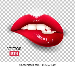 Sexy red lips isolated on transparent background. Bite lip. 3D design. Vector illustration.