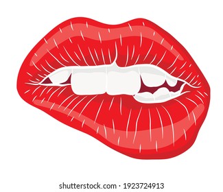 Sexy red lips in red lipstick bite her lip with her teeth. Red female lips are smiling. Vector illustration.