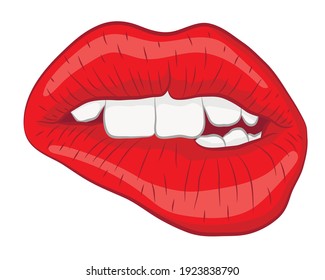 Sexy red lips in red lipstick bite her lip with her teeth. Red female lips are smiling. Vector illustration.