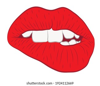 Los labios rojos sexy con lápiz labial rojo le morden el labio con los dientes. Los labios rojos femeninos están sonriendo. Ilustración vectorial.