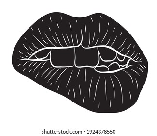 Sexy red lips in red lipstick bite her lip with her teeth. Red female lips are smiling. Vector illustration.