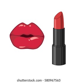 Sexy red lips and lipstick vector illustration isolated on white 