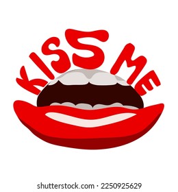 Sexy red lips on the upper lip the inscription kiss me. Isolated on a white background. Flat design. Print on clothes and postcards. Vector illustration. For Valentine's Day