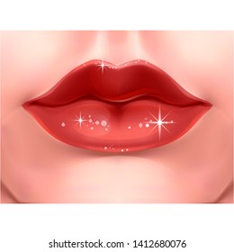Sexy red lips on white. 3D Vector illustration. beautiful lips, cosmetics.