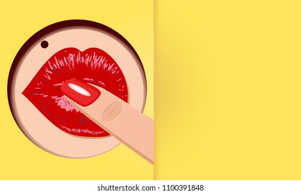 Sexy red lips peep through the hole in the yellow paper. Fingers at the mouth with manicure. Nail polish, lipstick, lip, cosmetics, makeup, fingers. Concept, logo, symbol of taste. Vector