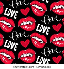 Sexy red lips seamless pattern. Female mouth with red lipstick and love lettering. Cosmetics and makeup background. Fashion vector illustration.