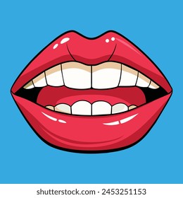 Sexy red lips with teeth isolated on blue. Vector illustration.