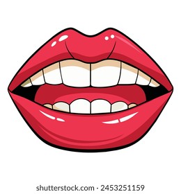 Sexy rote Lippen mit Zähnen isoliert auf weiß. Vektorillustration.