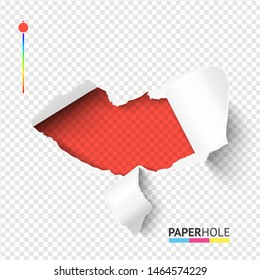 Sexy red torn paper lips shape hole with bent pieces on transparent background for loving vector banner. Empty tear edge paper hole poster for love, kiss ect. concept.