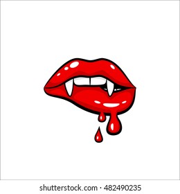 Sexy red vampire woman lips with fangs and dripping blood make up. Vector comic illustration in pop art retro style isolated on white background. 