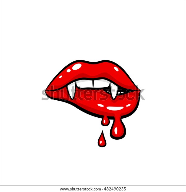 セクシーな赤い吸血鬼の女性の口元に牙を付け 血液を滴らせる化粧 白い背景にレトロなポップアートスタイルのベクターコミックイラスト のベクター画像素材 ロイヤリティフリー