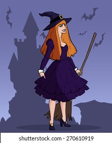Sexy red-haired witch on a background with a vampire castle