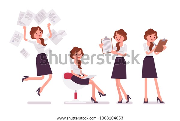 セクシーな秘書が書類仕事で忙しい 文書を扱う優雅な女性のオフィスアシスタントで メモを作成します 経営管理 白い背景にベクターフラットスタイルの漫画 イラスト のベクター画像素材 ロイヤリティフリー