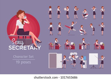 Sexy Secretary Ready-to-use Character Set. Elegant Female Office Assistant In Formal Wear At Work, Full Length, Different Views, Gestures, Emotions, Front, Rear View. Business Administration Concept