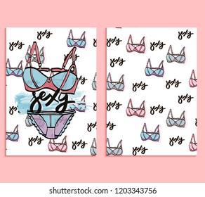 Sexy. Set of vector card templates with bra, panties and calligraphy. Vector hand drawn illustration.