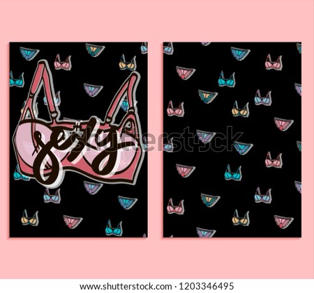 Sexy. Set of vector card templates with bra, panties and calligraphy. Vector hand drawn illustration.