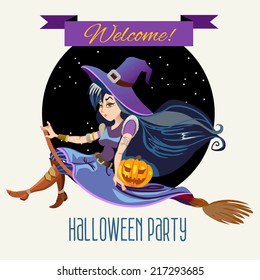 Sexy smiling witch flying on the broom on night background. Halloween vector illustration