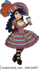 Sexy Steampunk Pirate Girl with Big Hat, Feathers and Wine Goblet
