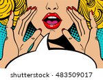 Sexy surprised blonde pop art woman with open mouth and rising hands screaming announcement. Vector background in comic retro pop art style. Party invitation.