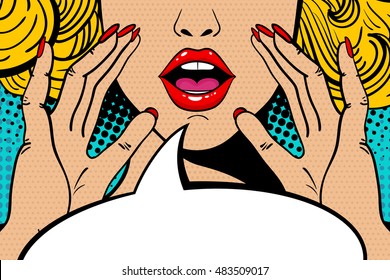 Sexy surprised blonde pop art woman with open mouth and rising hands screaming announcement. Vector background in comic retro pop art style. Party invitation.