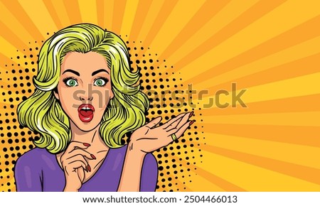 Sexy surprised blonde shows something at the place of your advertisement. Advertising vector design of girls presenting something in pop art style