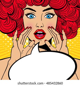 Sexy surprised pop art woman with open mouth, red curly hair and rising hands screaming announcement. Vector background in comic retro pop art style. Party invitation.