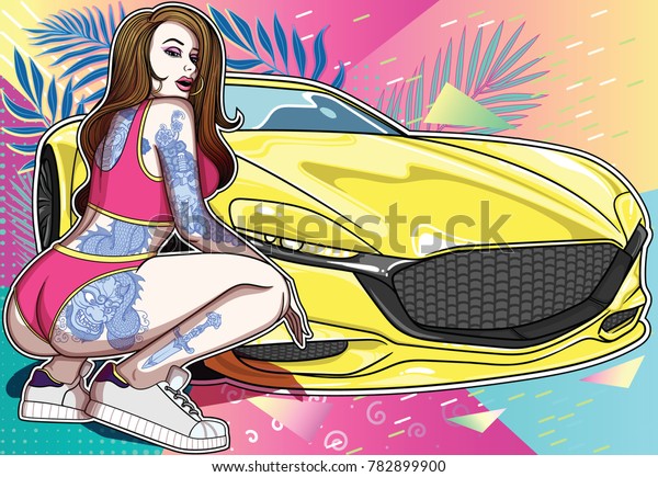 Sexy tattooed in oriental\
style girl with mazda super car . Collection of concepts with women\
and super cars. Easily edit, file is divided into logical layers\
and groups.