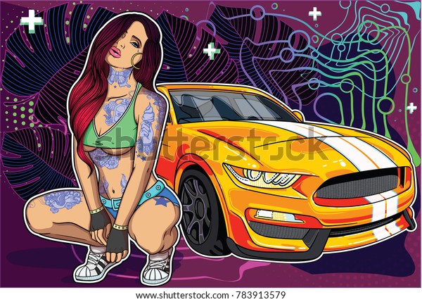 Sexy tattooed
in oriental style girl with orange mustang super car . Collection
of concepts with women and super cars. Easily edit, file is divided
into logical layers and
groups.