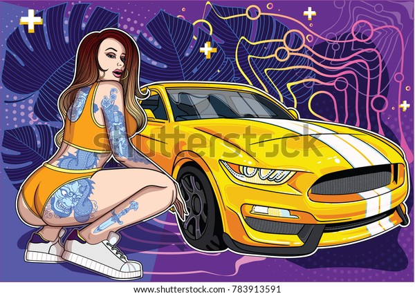 Sexy tattooed\
in oriental style girl with mustang  super car . Collection of\
concepts with women and super cars. Easily edit, file is divided\
into logical layers and\
groups.