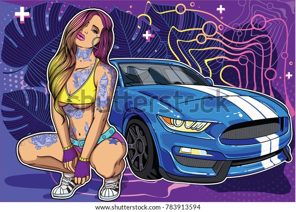 Sexy\
tattooed in oriental style girl with mustang super car . Collection\
of concepts with women and super cars in my profile . Easily edit,\
file is divided into logical layers and\
groups.