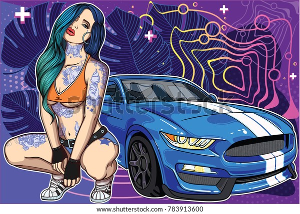 Sexy
tattooed in oriental style girl with mustang super car . Collection
of concepts with women and super cars in my profile . Easily edit,
file is divided into logical layers and
groups.