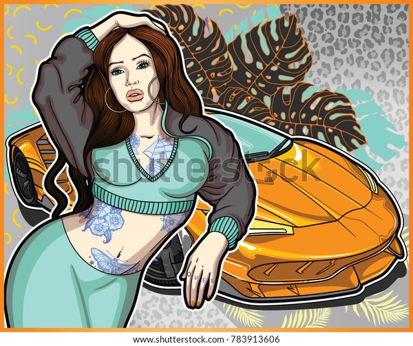 Sexy tattooed in oriental style girl with\
Lamborghini  super car . Collection of concepts with women and\
super cars in my profile . Easily edit, file is divided into\
logical layers and\
groups.