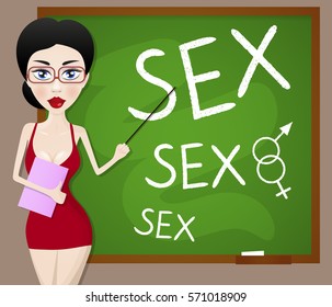 Sexy teacher leads a lesson in class.