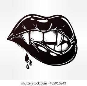 Sexy vampire biting lips. Pop art print in flash tattoo style. Isolated vector illustration. 1990's inspired art.
