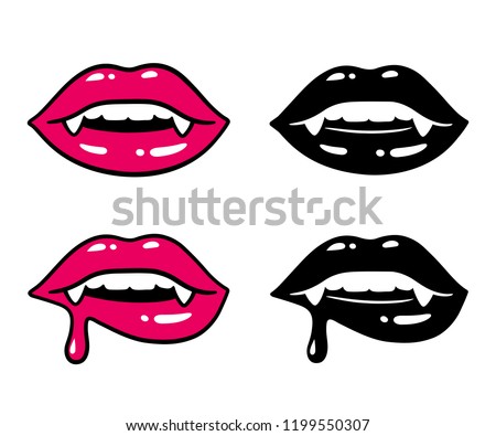 Sexy vampire lips vector illustration set. Woman mouth with fangs and dripping blood, biting lower lip. Black and white and color.