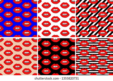 Sexy vector lip backgrounds. cartoon style. set of lips seamless pattern. beautiful lips of woman with red lipstick and gloss.