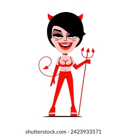 Pinza sexy vintage que engaña la tentadora de una chica en un traje de látex rojo erótico con horquilla de cocina y alas de demonio ilustración vectorial