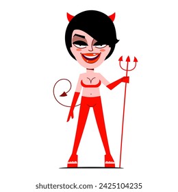 Sexy pinup vintage chica del diablo tenttress en traje de látex rojo erótico con horca y alas de demonio ilustración vectorial